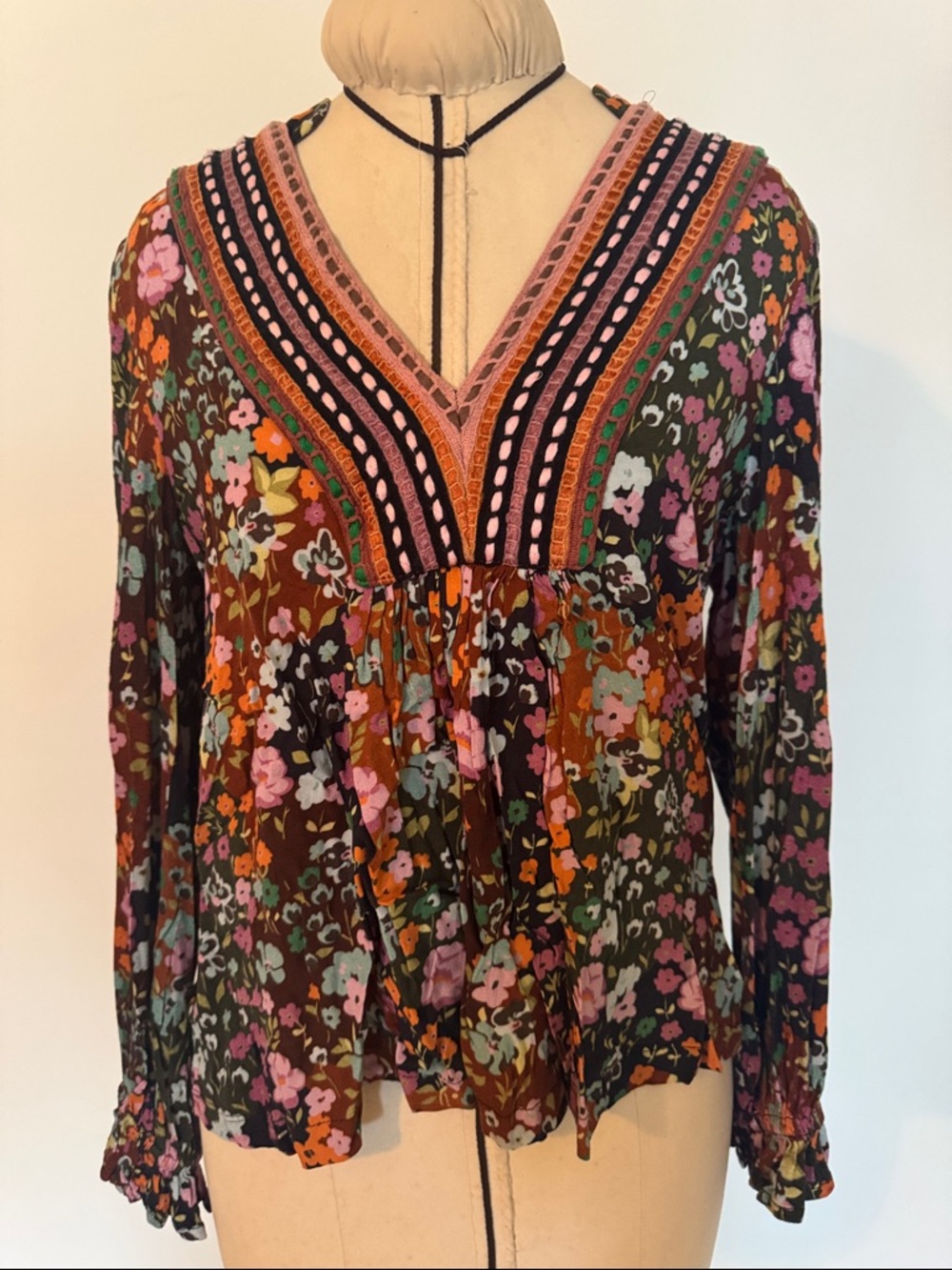 Floral V-Neck Boho Tunic Top - Pink & Brown